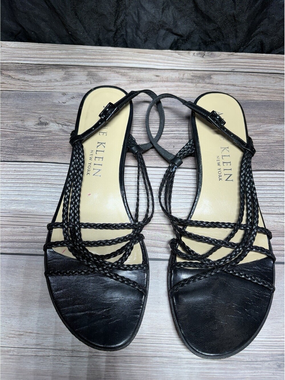 Anne Klein New York Black Ankle Strap Flat Sandals 7.5